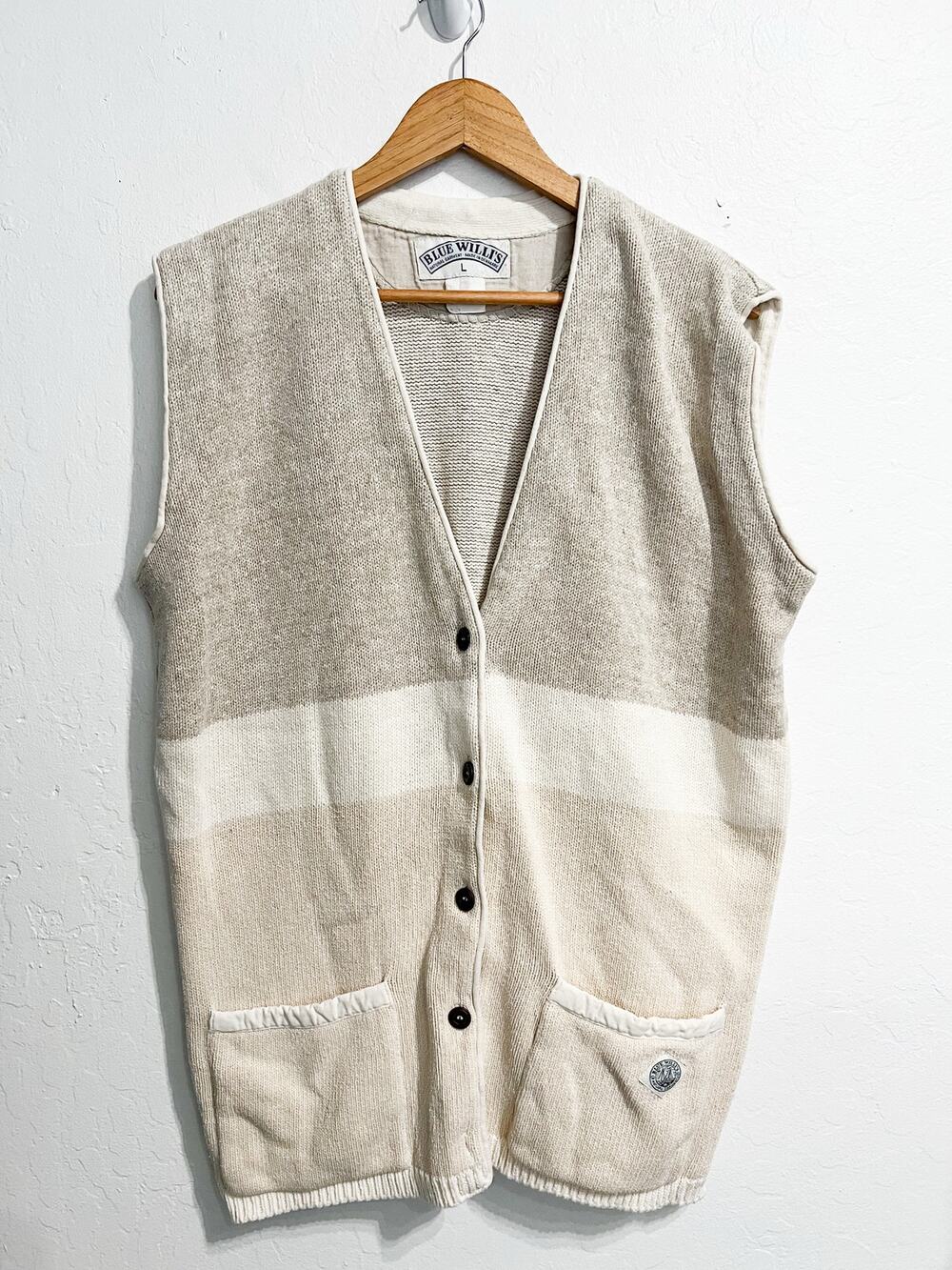 Blue Willis Sweater Vest Mens Large Ivory Tan Knit Fisherman Button Up 90s